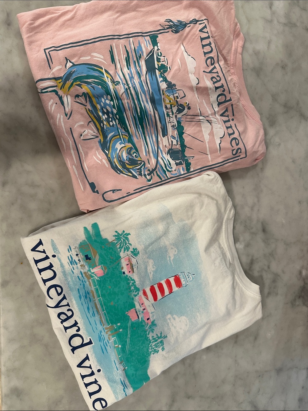 Two Vineyard Vines Pink & White Coastal Graphic Tees XS